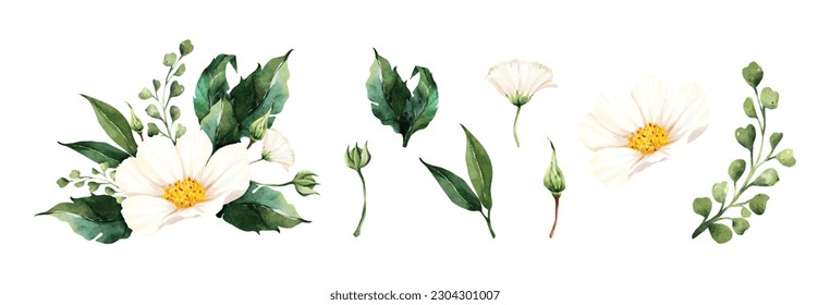 Set of floral bouquet watercolor vector elements isolated on white background. Botanical watercolor vector collection of flower, leaves, and branches.