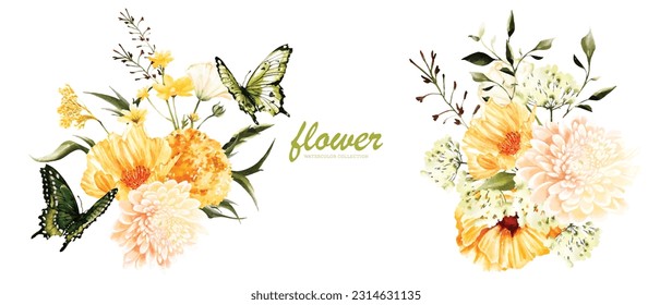 Set floral bouquet watercolor vector elements design. Botanical watercolor vector collection of flower, leaves, and branches.