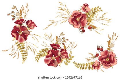 Set of floral bouquets, arrangement with beautiful burgundy rose and gold tropical leaves. Collection flower bunch, design elements isolated on white background. Vector illustration