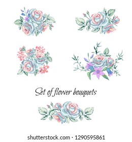 Set of floral bouquets with beautiful roses, wild flowers, greenery. Collection Vector flower bunch pastel colors, design element isolated on white background.
