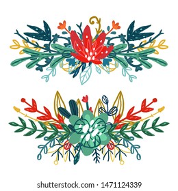 Set of floral bouquets. Colorful isolated hand drawn different leaves and flowers.  Vector illustration. Design for T-shirt, textile and prints.