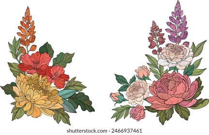 Set of floral bouquets with lupins, hibiscus. Vector floral design elements with green leaves, chrysanthemum, roses, peony and lupines flowers.