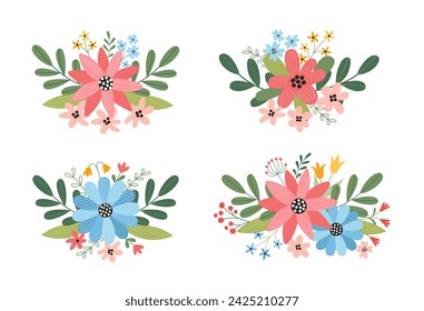 Set of floral bouquets on a white background. Wedding concept with flowers. Floral spring poster, invite. Vector illustration for greeting card or invitation design.