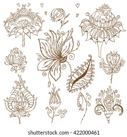 Set of floral bouquets, retro flowers. Vector illustration. Isolated on white