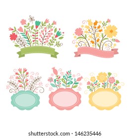 Set of floral bouquets and romantic frames, vector collection