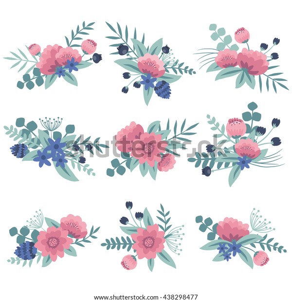 Set of floral bouquets. Vintage flowers vector illustration.