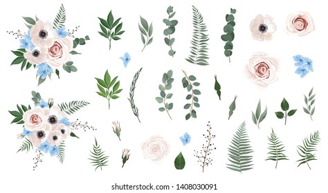 Set of floral branch. Anemones, pink rose, green leaves. Floral poster, invite. Set leaves, flowers,branches, herbs and other natural elements.