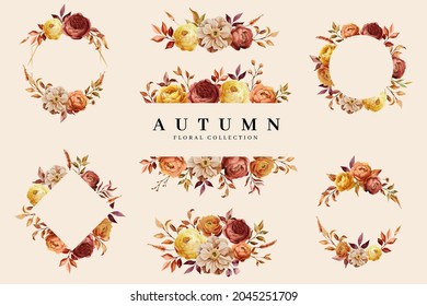 Set Of Floral Branch, Border, Frame. Autumn Floral, Leaves. Wedding Concept With Flowers. Floral Poster, Invite. Vector Arrangements And Frame For Greeting Card Or Invitation Design