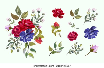 Set of floral branch. Bouquet of flowers and floral elements for wedding invitation. Flower red, burgundy, navy blue rose, green leaves. Vector design