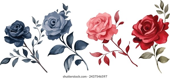 Set von floralen Zweig, bunte Rosenblumen Aquarell Vektor-Illustration. Hochzeitskonzept mit Rosen. Blumenposter, einladen. Vektoranordnungen für Grußkarten- oder Einladungsdesign