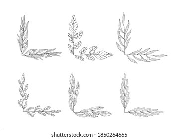 Set of floral branch corners. Rustic borders for wedding invitations. Vector isolated spring flourish card page breaks.	