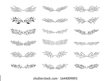 Set of floral branch dividers. Rustic page break laurels for wedding. Vector isolated spring flourish borders.