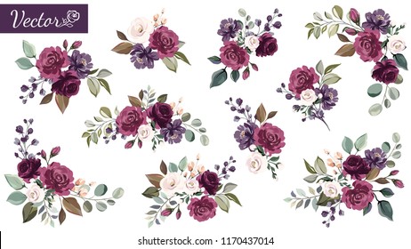 Set Of Floral Branch. Flower Burgundy, Purple Rose, Green Leaves. Wedding Concept With Flowers. Floral Poster, Invite. Vector Arrangements For Greeting Card Or Invitation Design