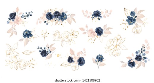 Set of floral branch. Flower navy blue rose, leaves. Wedding concept with flowers. Floral poster, invite. Vector arrangements for greeting card or invitation design