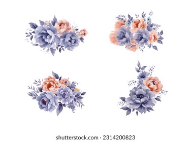 Set of floral branch. Flower peach rose, green and blue leaves. Wedding concept with flowers. Floral poster, invite. Vector arrangements for greeting card or invitation design