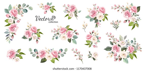 一套花卉分支。花粉紅色的玫瑰，綠色的葉子。婚禮概念與鮮花。花卉海報，邀請賀卡或邀請函設計的矢量安排