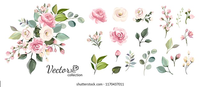 设置的花枝。 花粉红玫瑰，绿叶。 婚礼概念与鲜花. 花卉海报，邀请。 贺卡或邀请函设计的矢量安排