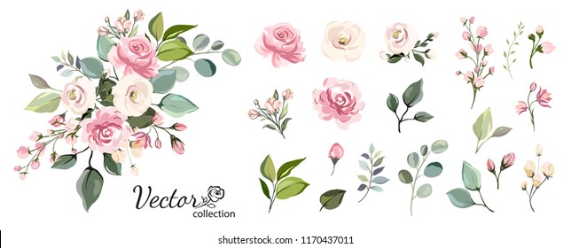 Set of floral branch. Flower pink rose, green leaves. Wedding concept with flowers. Floral poster, invite. Vector arrangements for greeting card or invitation design