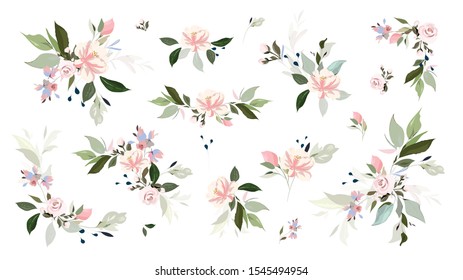 Set of floral branch. Flower pink rose, green leaves. Wedding concept with flowers. Floral poster, invite. Vector arrangements for greeting card or invitation design