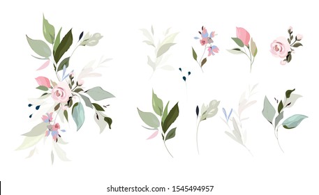 Set of floral branch. Flower pink rose, green leaves. Wedding concept with flowers. Floral poster, invite. Vector arrangements for greeting card or invitation design