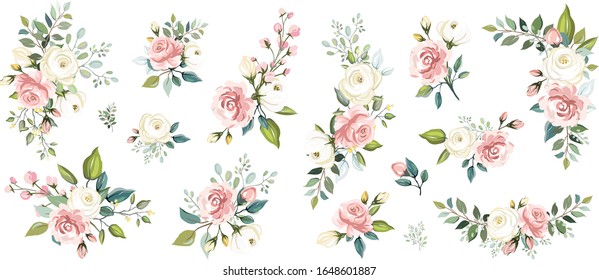 Set of floral branch. Flower pink rose, green leaves. Wedding concept with flowers. Floral poster, invite. Vector arrangements for greeting card or invitation design