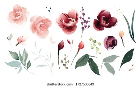 Set of floral branch. Flower pink rose, green leaves. Wedding concept with flowers. Floral poster, invite. Vector watercolor arrangements for greeting card or invitation design