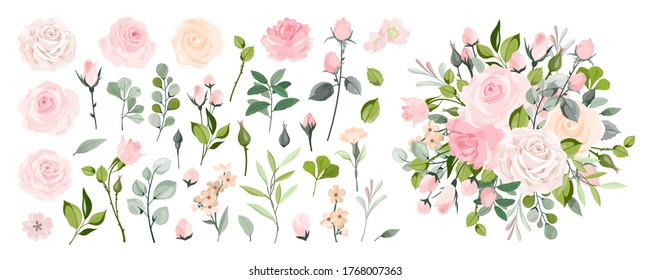 Set of floral branch. Flower pink rose, green leaves. Wedding concept with flowers. Floral poster, invite. Vector arrangements for greeting card or invitation design