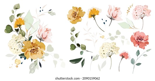 Set of floral branch. Flower pink, yellow rose, green leaves. Wedding concept with Floral  arrangements 