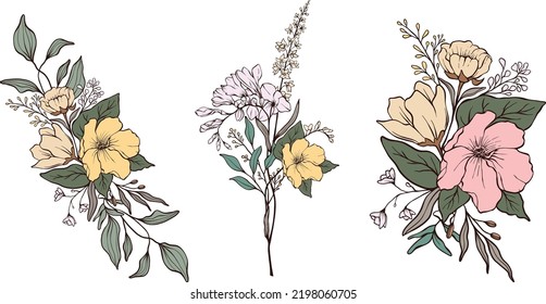 Set of floral branch. Flower pink yellow hibiscus and rose, green leaves. Wedding concept with flowers. Floral poster, invite. Vector arrangements for greeting card or invitation design