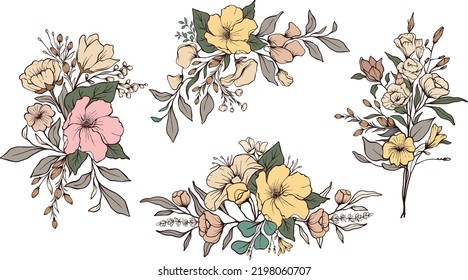 Set of floral branch. Flower pink yellow hibiscus and rose, green leaves. Wedding concept with flowers. Floral poster, invite. Vector arrangements for greeting card or invitation design