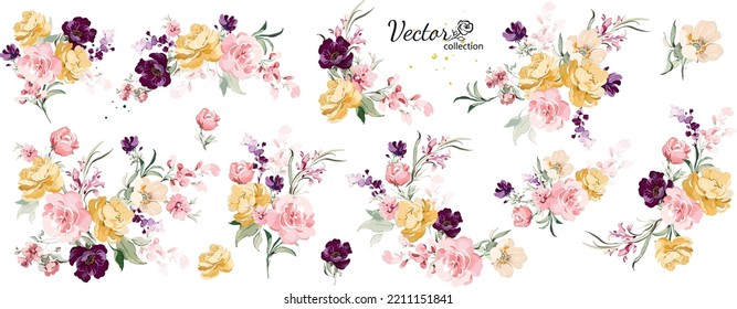 Set of floral branch. Flower pink rose, green leaves. Wedding concept with flowers. Floral poster, invite. Vector arrangements for greeting card or invitation design
