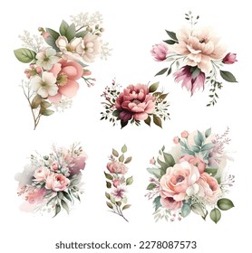 Set of floral branch. Flower pink rose, green leaves. Wedding concept with flowers. Floral poster, invite. Vector arrangements for greeting card or invitation design