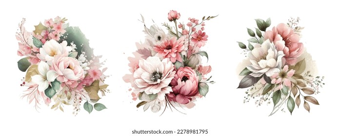Set of floral branch. Flower pink rose, green leaves. Wedding concept with flowers. Floral poster, invite. Vector arrangements for greeting card or invitation design