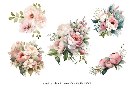 Conjunto de rama floral. Rosa rosada flor, hojas verdes. Concepto de bodas con flores. Afiche floral, invitación. Disposiciones de vectores para el diseño de tarjetas de felicitación o invitaciones