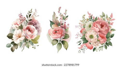 Set of floral branch. Flower pink rose, green leaves. Wedding concept with flowers. Floral poster, invite. Vector arrangements for greeting card or invitation design