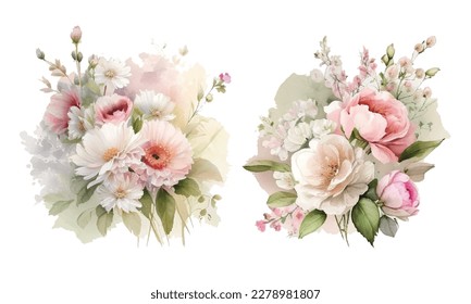 Set of floral branch. Flower pink rose, green leaves. Wedding concept with flowers. Floral poster, invite. Vector arrangements for greeting card or invitation design