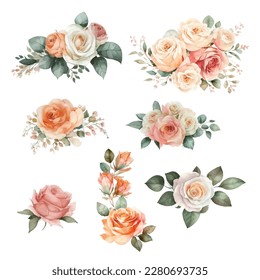 Set of floral branch. Flower pink rose, green leaves. Wedding concept with flowers. Floral poster, invite. Vector arrangements for greeting card or invitation design