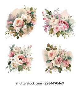 Set of floral branch. Flower pink rose, green leaves. Wedding concept with flowers. Floral poster, invite. Vector arrangements for greeting card or invitation design