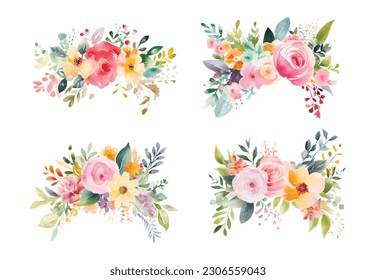 Set of floral branch. Flower pink rose, green leaves. Wedding concept with flowers. Floral poster, invite. Vector arrangements for greeting card or invitation design