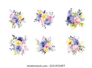 Set of floral branch. Flower pink, yellow and lilac flowers, green and blue leaves. Wedding concept with flowers. Floral poster, invite. Vector arrangements for greeting card or invitation design
