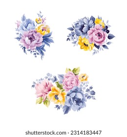 Conjunto de rama floral. Flores rosas y lilas, hojas verdes y azules. Concepto de bodas con flores. Afiche floral, invitación. Disposiciones de vectores para el diseño de tarjetas de felicitación o invitaciones