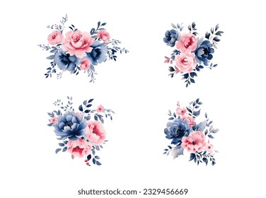 Set of floral branch. Flower pink and blue rose, green leaves. Wedding concept with flowers. Floral poster, invite. Vector arrangements for greeting card or invitation design