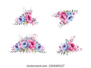 Set of floral branch. Flower pink and lilac flowers, green and blue leaves. Wedding concept with flowers. Floral poster, invite. Vector arrangements for greeting card or invitation design