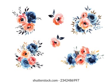 Set of floral branch. Flower pink rose, green leaves. Wedding concept with flowers. Floral poster, invite. Vector arrangements for greeting card or invitation design