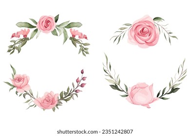 Set of floral branch. Flower pink rose, green leaves. Wedding concept. Floral frame, invite. Vector arrangements for greeting card or invitation design background