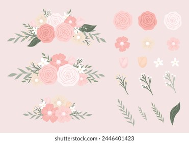 Set of floral branch. Flower pink rose, green leaves, pink tulip, and white daisy. Vector arrangements for greeting card, invitation design or wedding concept