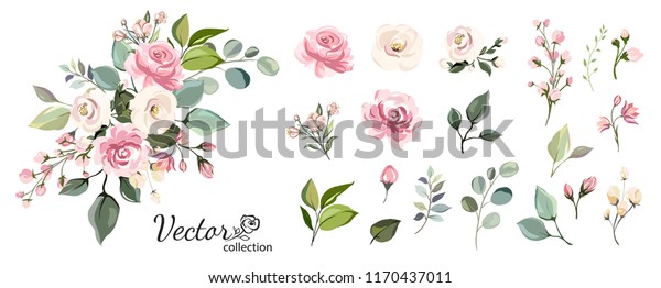 Set of floral branch.\
Flower pink rose, green leaves. Wedding concept with flowers.\
Floral poster, invite. Vector arrangements for greeting card or\
invitation design