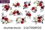 Set of floral branch. Flower red, burgundy, purple rose, green leaves. Wedding concept with flowers. Floral poster, invite. Vector arrangements for greeting card or invitation design