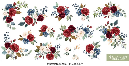 Set of floral branch. Flower red, burgundy, navy blue rose, green leaves. Wedding concept with flowers. Floral poster, invite. Vector arrangements for greeting card or invitation design