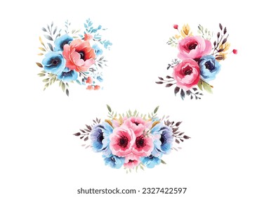 Set of floral branch. Flower red blue and lemon rose, green and blue leaves. Wedding concept with flowers. Floral poster, invite. Vector arrangements for greeting card or invitation design